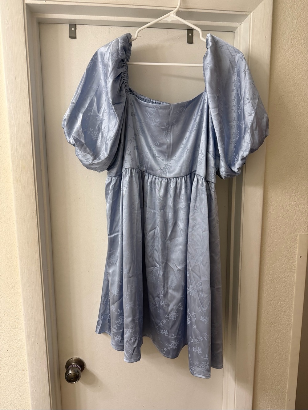 Puff-Sleeve Satin Dress in Light Blue